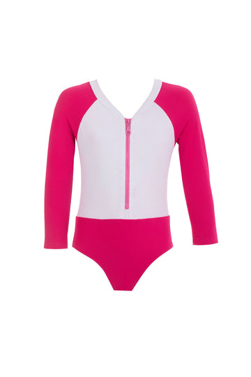 Kids Erica Long-Sleeve Zip Onepiece | White Fuchsia Picque