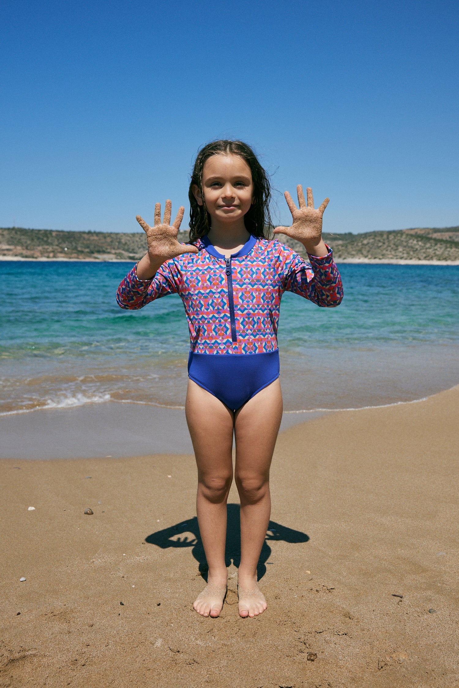 Kids Erica Long-Sleeve Zip Onepiece | Geo Purple -  Blue Picque