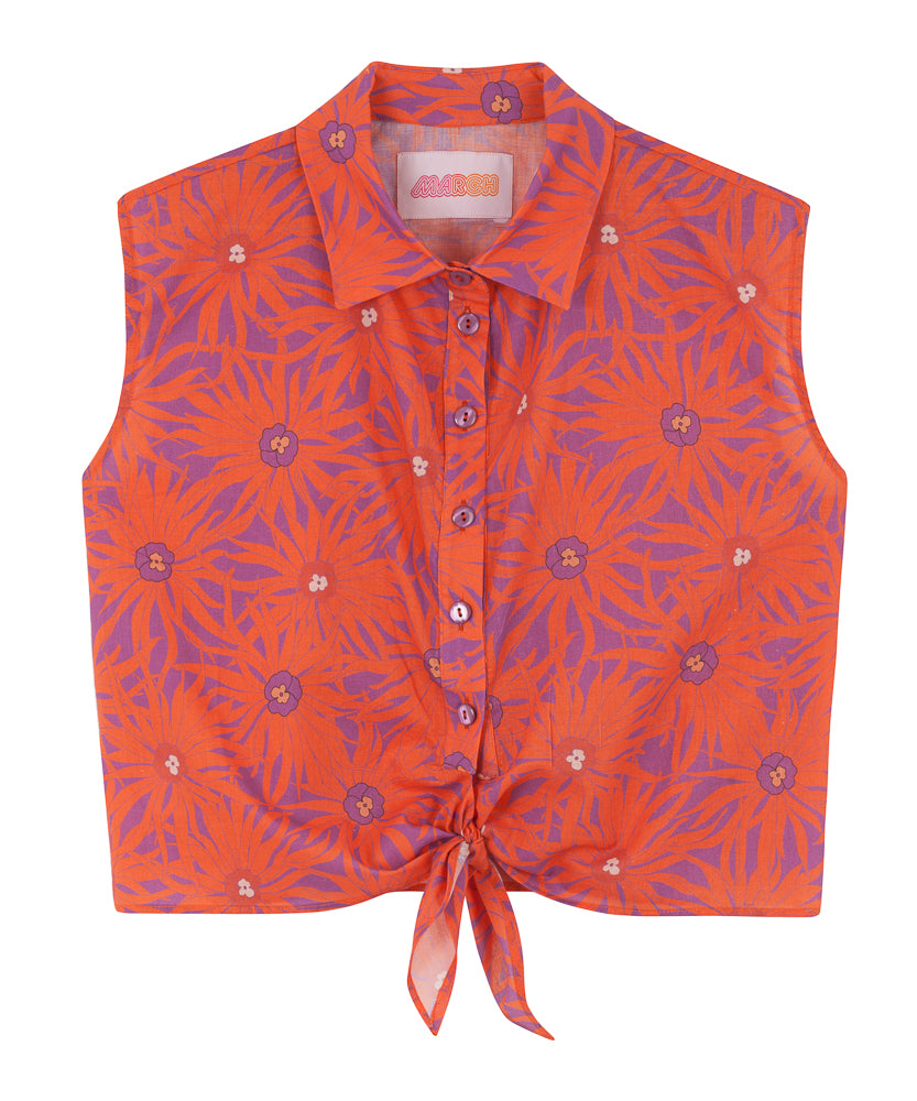 Cotton Knotted Shirt | Floral Orange