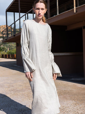 Linen Dress with Puff Sleeves